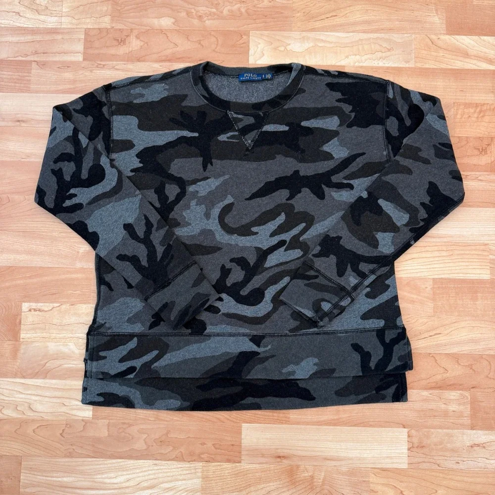 Polo Ralph Lauren Mens Camo Fleece Crewneck Sweatshirt Gray Black Small
